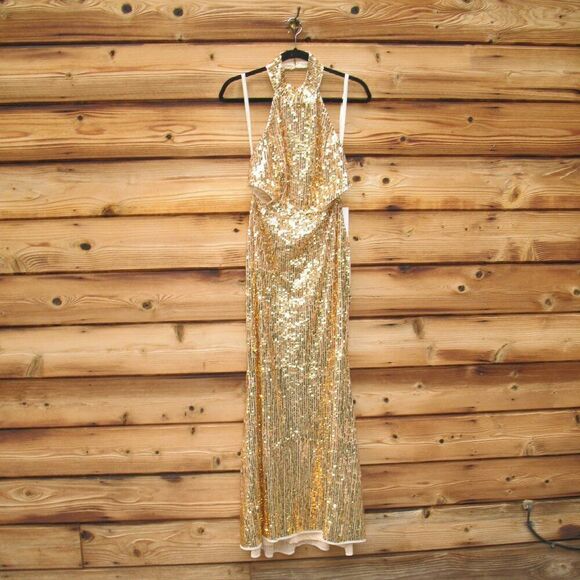 MAC DUGGAL 93976 Gold Open Back High Neck Sequin Gown Dress - Picture 8 of 15